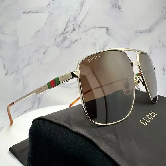 New GUCCI Sunglasses Gold Metal Square Aviator Pilot Red Green Web Logo Mens